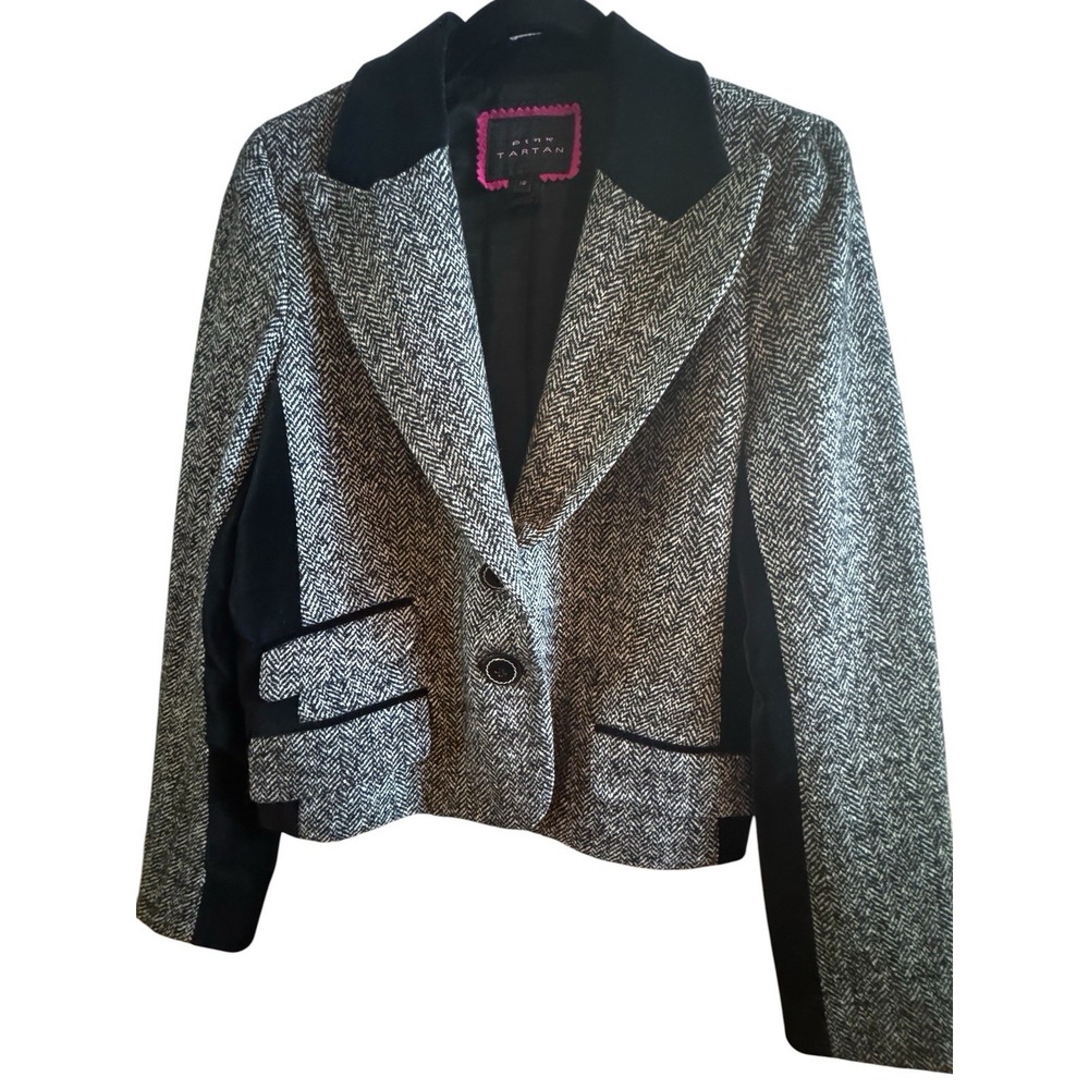 Pink Tartan Black Herringbone Tweed Jacket Woman's Sz 12 Velvet Collar & Inserts
